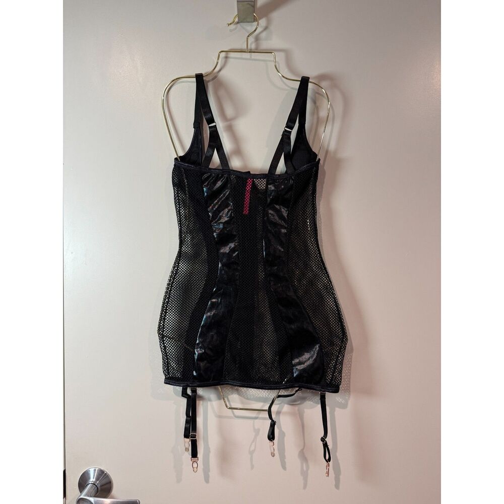 Seven ‘Til Midnight Black Faux Leather Mesh Corset Lingerie w/ Garters